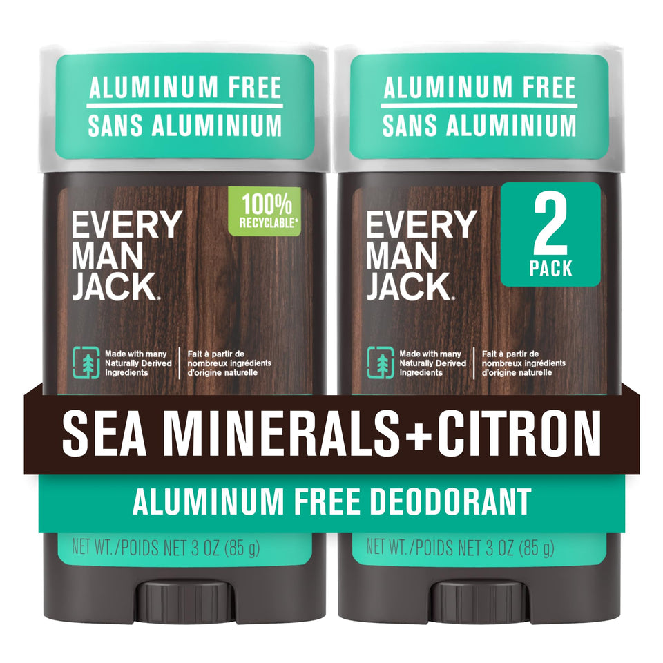 Every Man Jack front packaging showing recyclable two-pack and scent