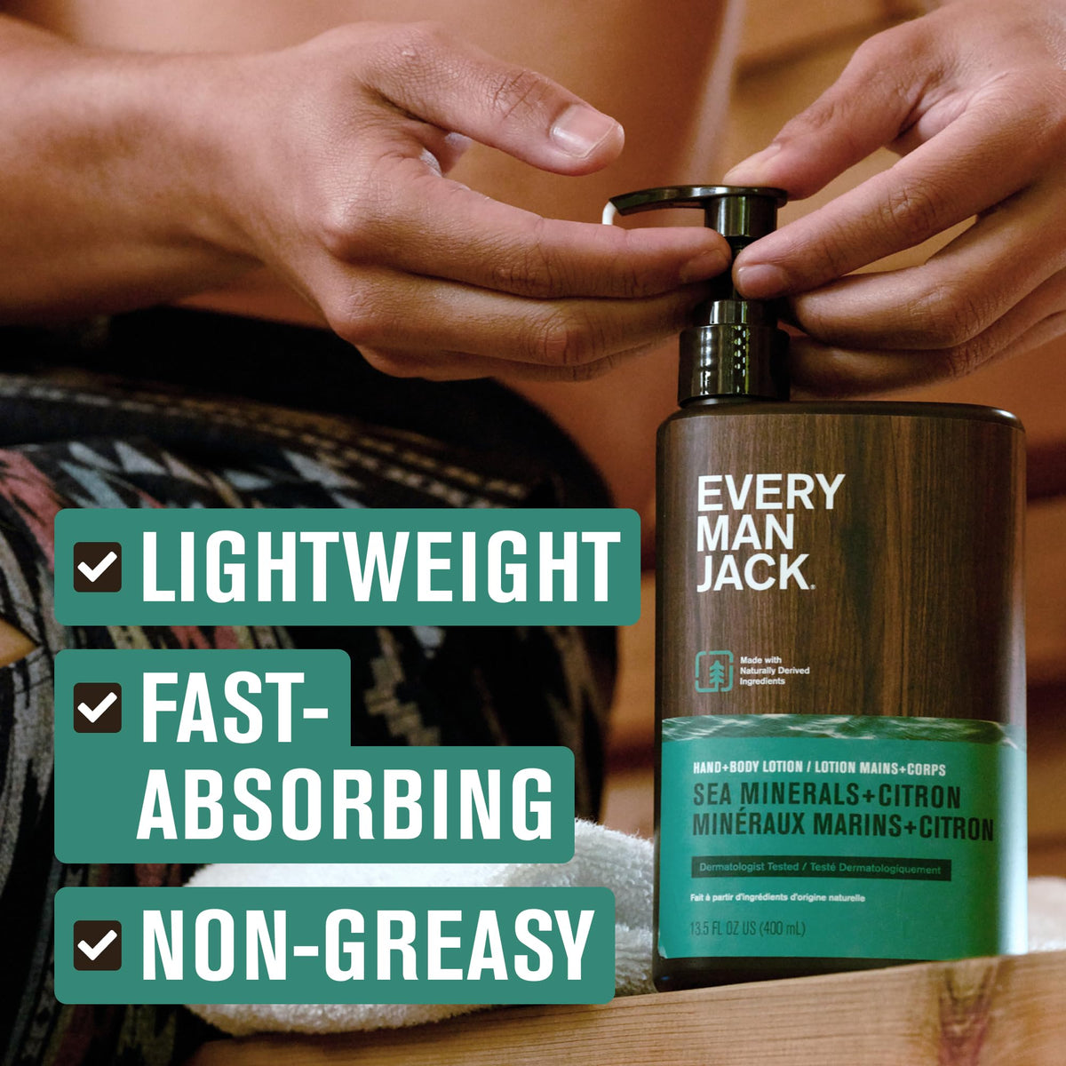Every Man Jack lotion texture spread showing lightweight, non-greasy finish