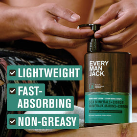 Every Man Jack lotion texture spread showing lightweight, non-greasy finish
