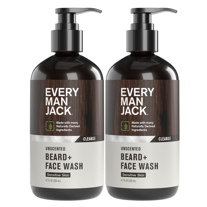 Every Man Jack front packaging showing unscented beard and face wash, simplifies routine