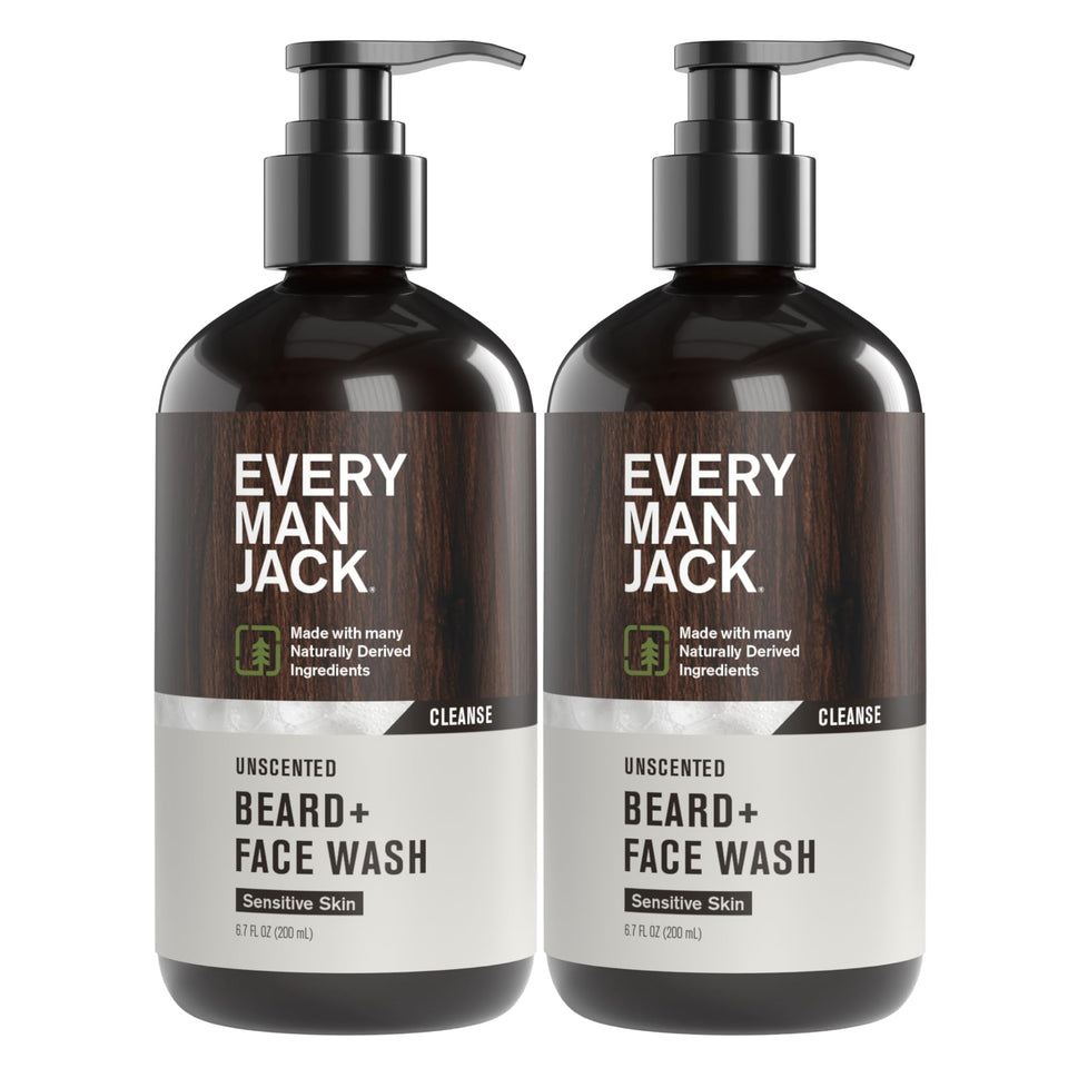 Every Man Jack front packaging showing unscented beard and face wash, simplifies routine