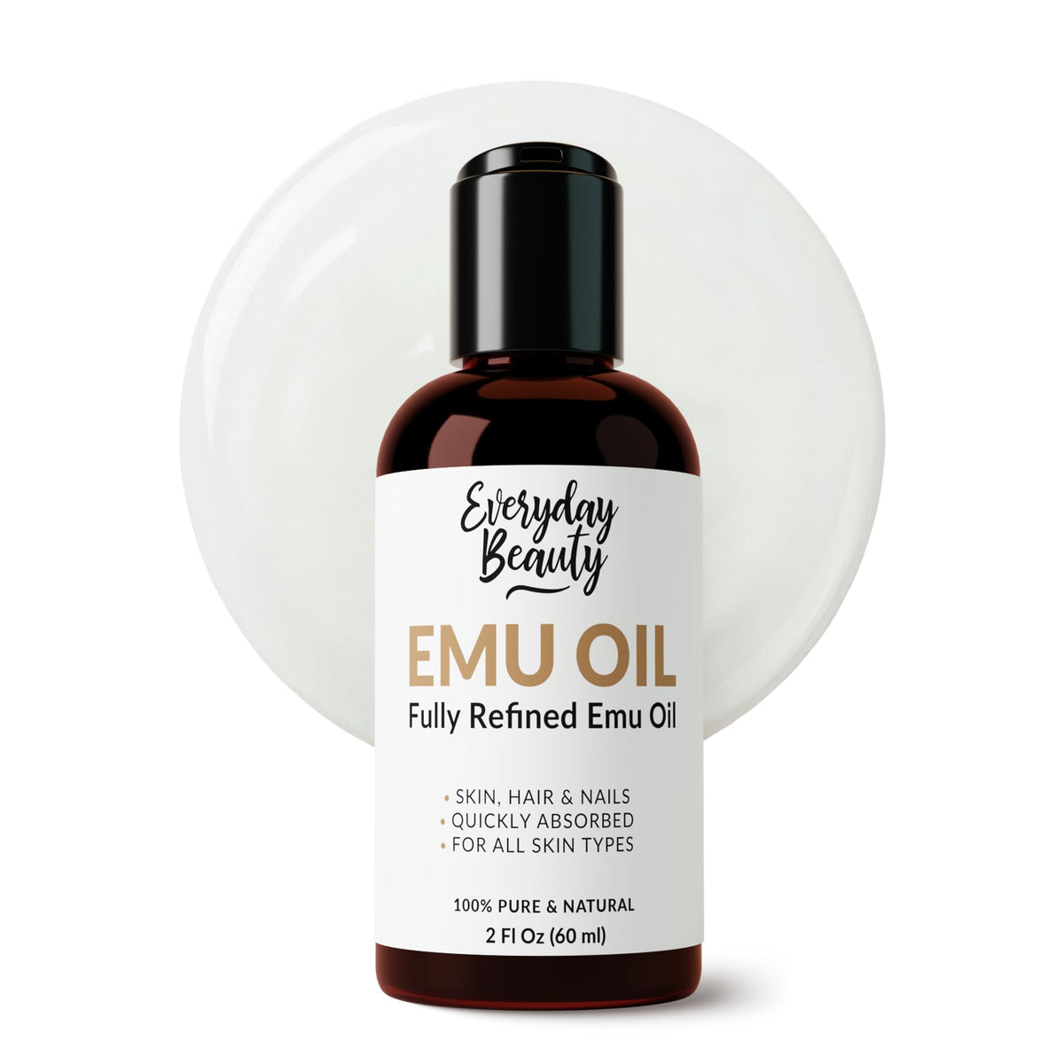 Everyday Beauty bottle front view showing clean label and refined emu oil for hydration