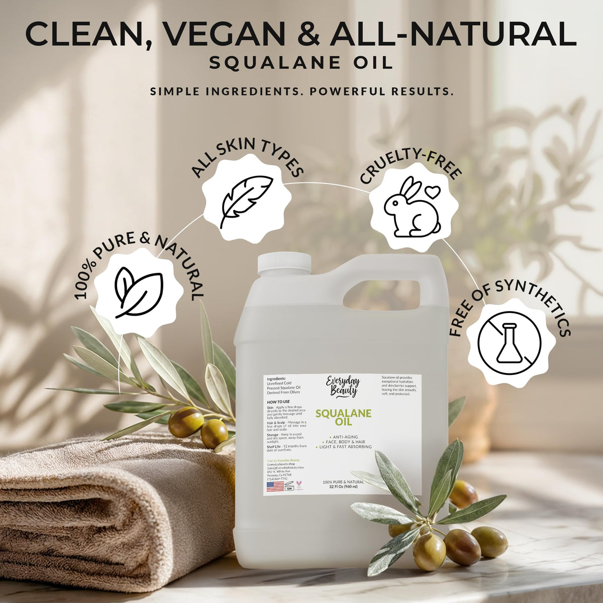 Everyday Beauty squalane 32 oz beside common items for scale and value benefit
