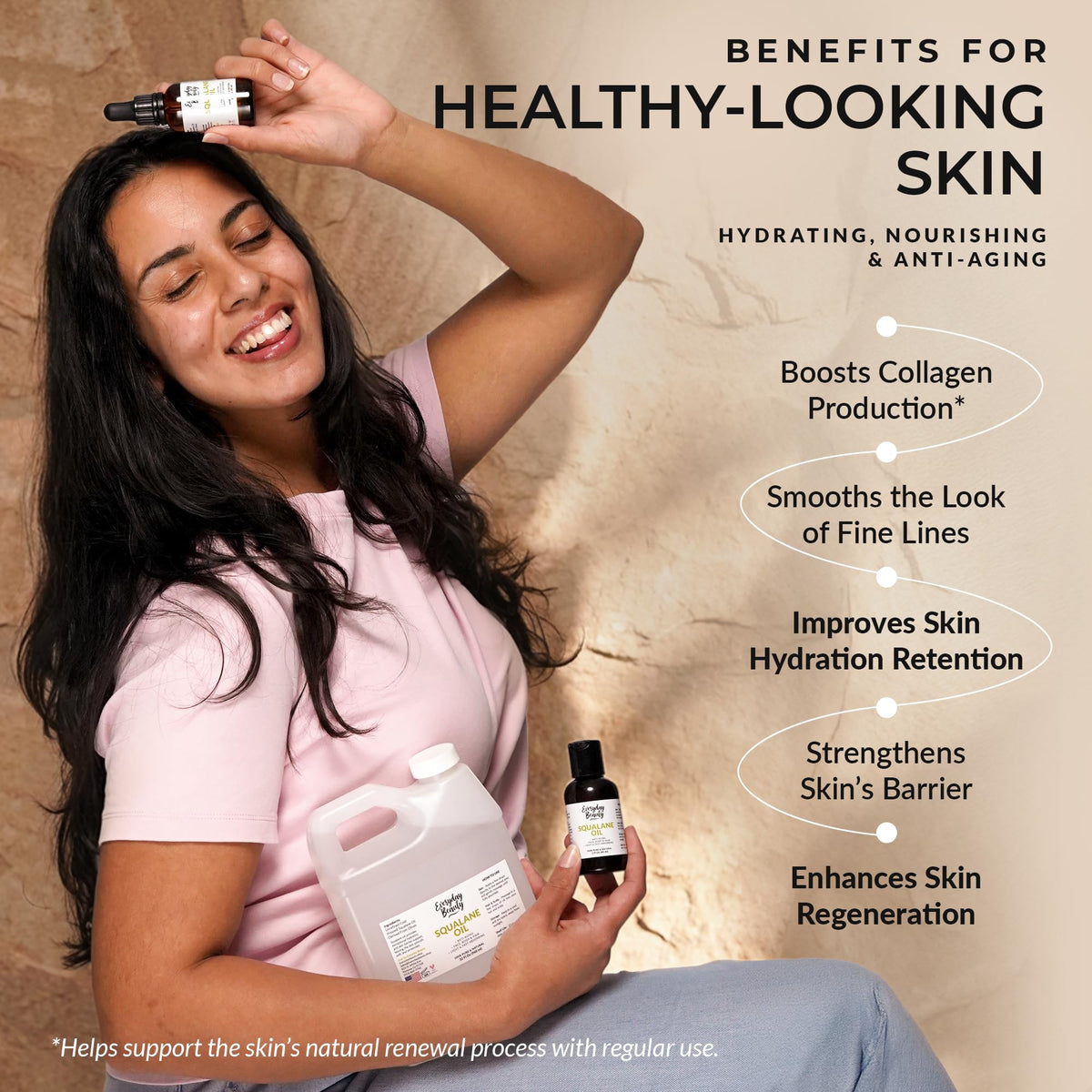 Everyday Beauty squalane used on hair ends illustrating frizz control benefit
