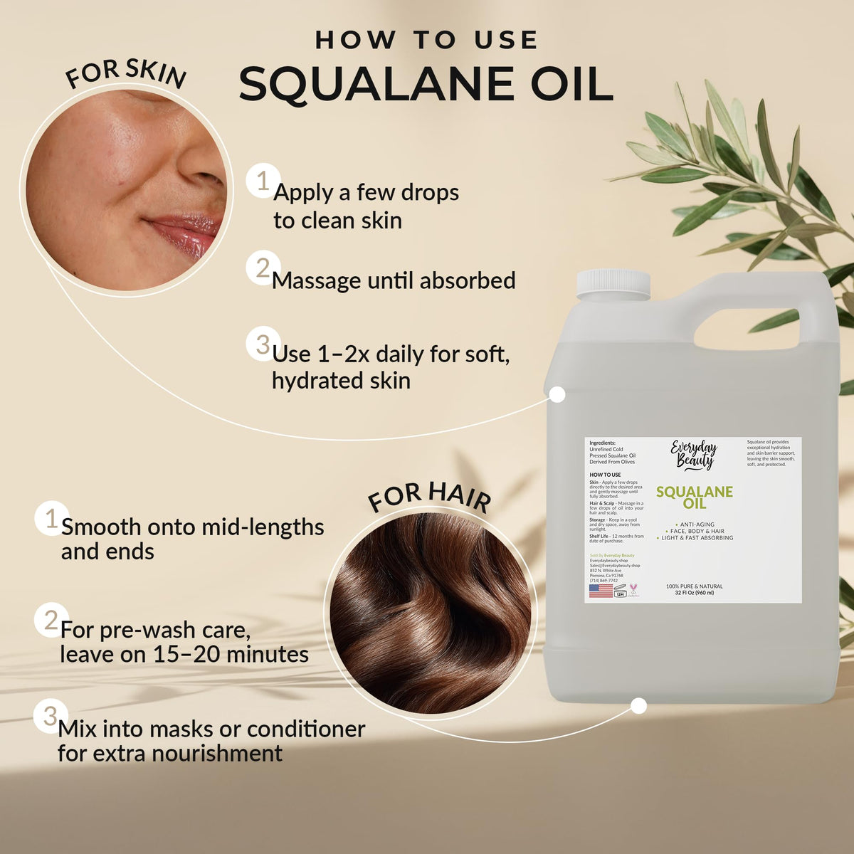 Everyday Beauty squalane label closeup emphasizing pure olive-derived ingredient benefit