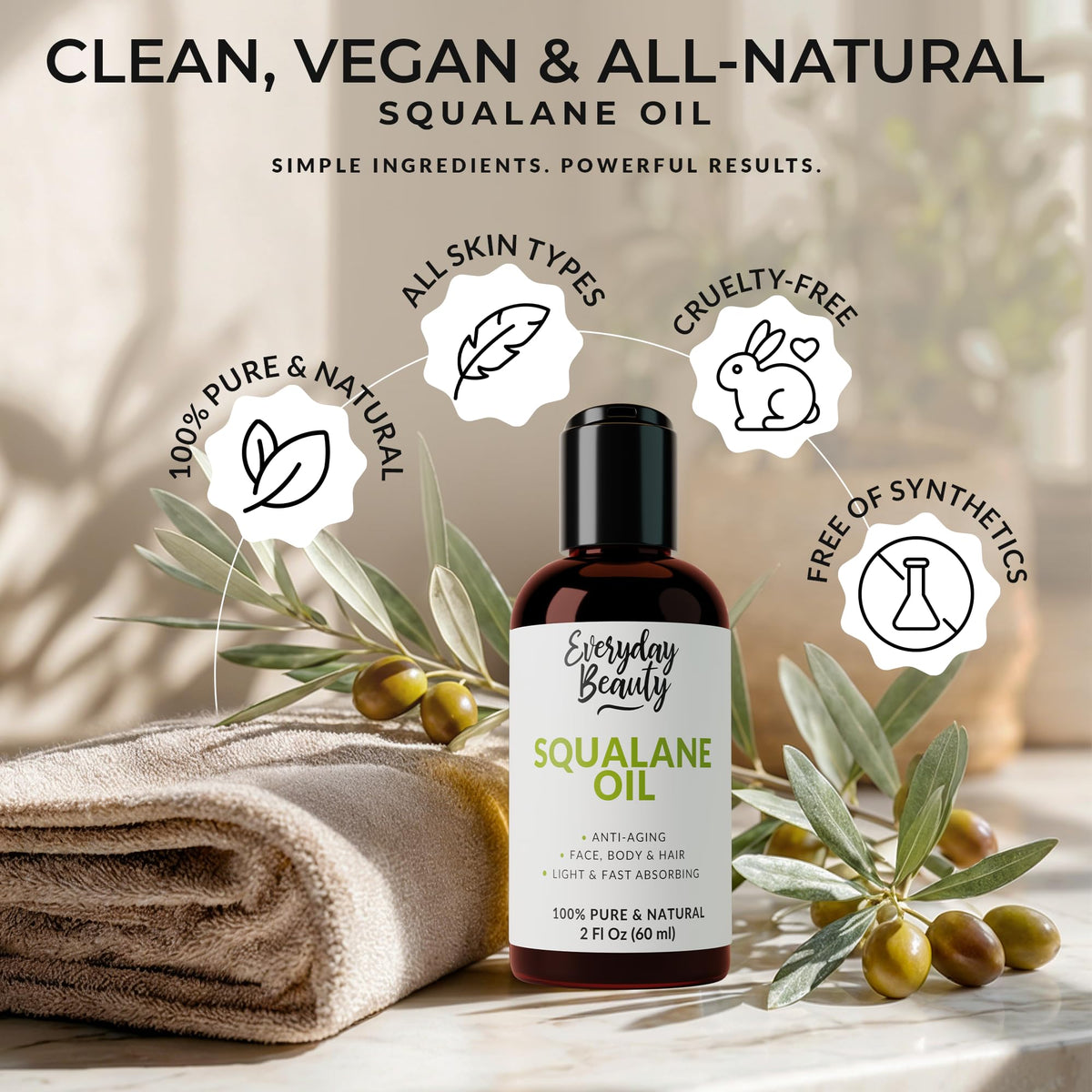 Everyday Beauty bottle on vanity with towel showing daily routine and clean, calm aesthetic