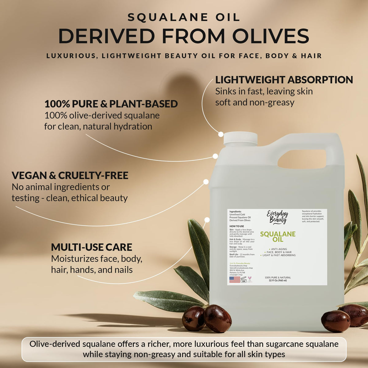 Everyday Beauty squalane pouring texture highlighting lightweight absorption benefit