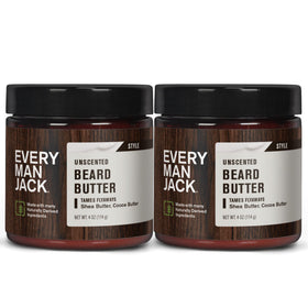 Every Man Jack front tub showing unscented beard butter benefits