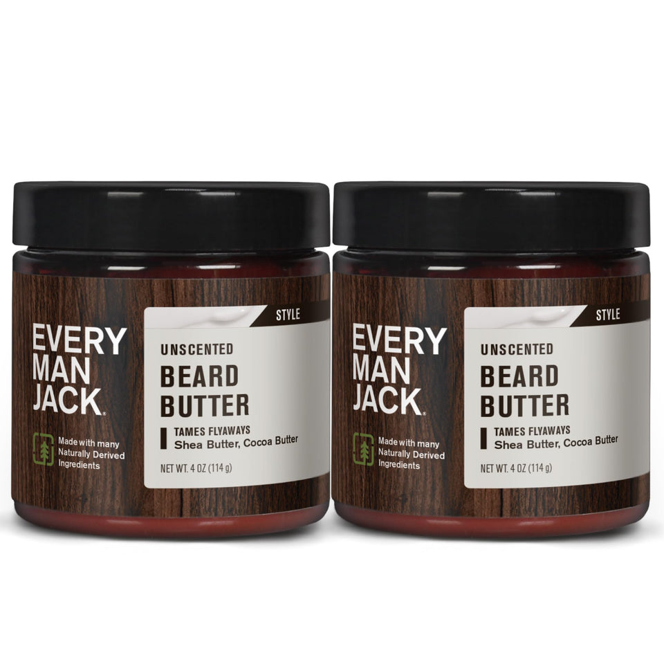 Every Man Jack front tub showing unscented beard butter benefits