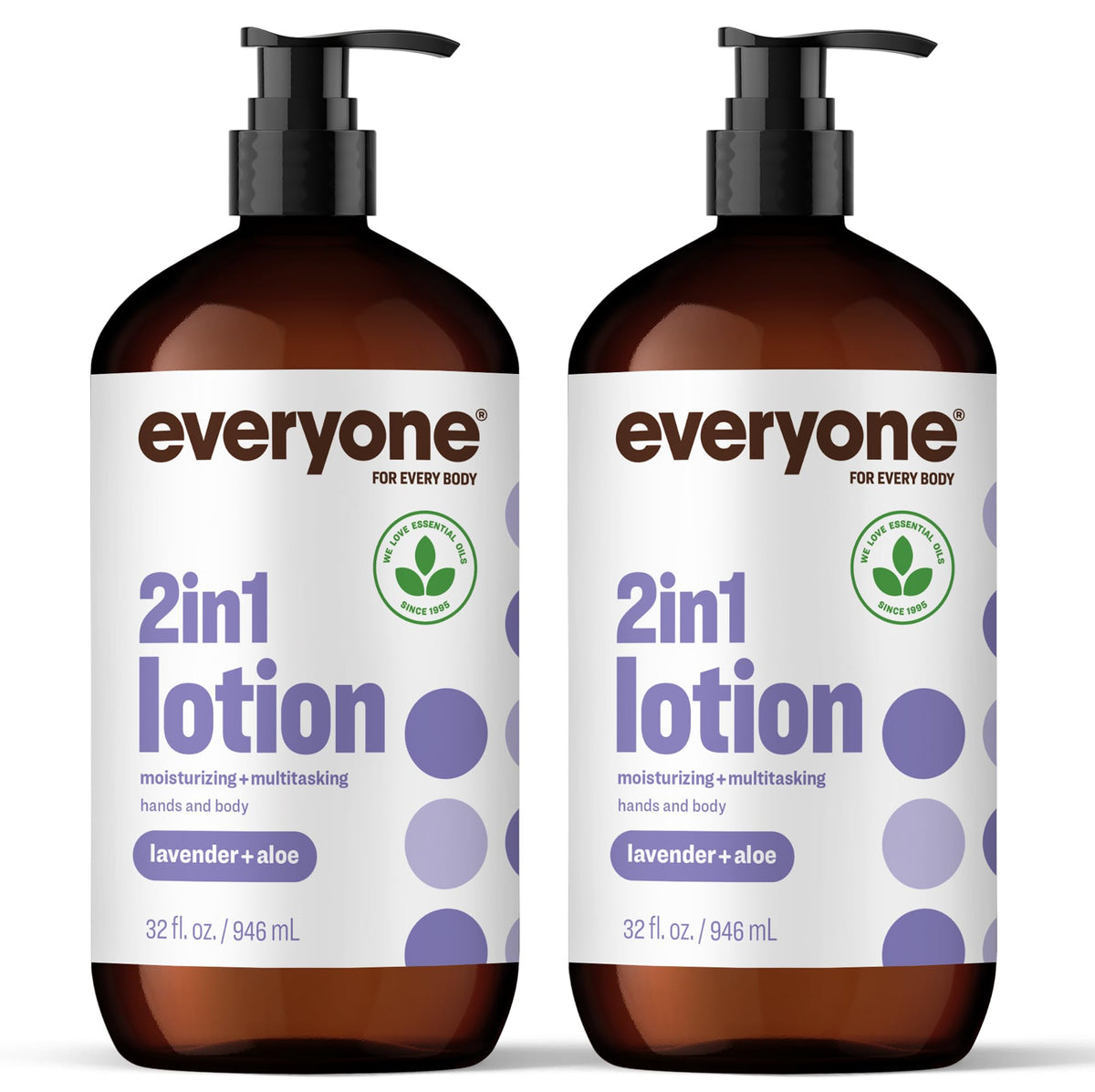 everyone lotion front packaging showing two 32-ounce bottles and calming lavender benefit