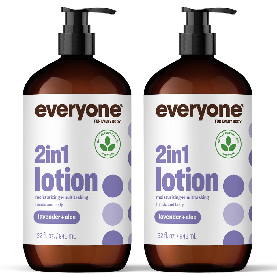 everyone lotion front packaging showing two 32-ounce bottles and calming lavender benefit