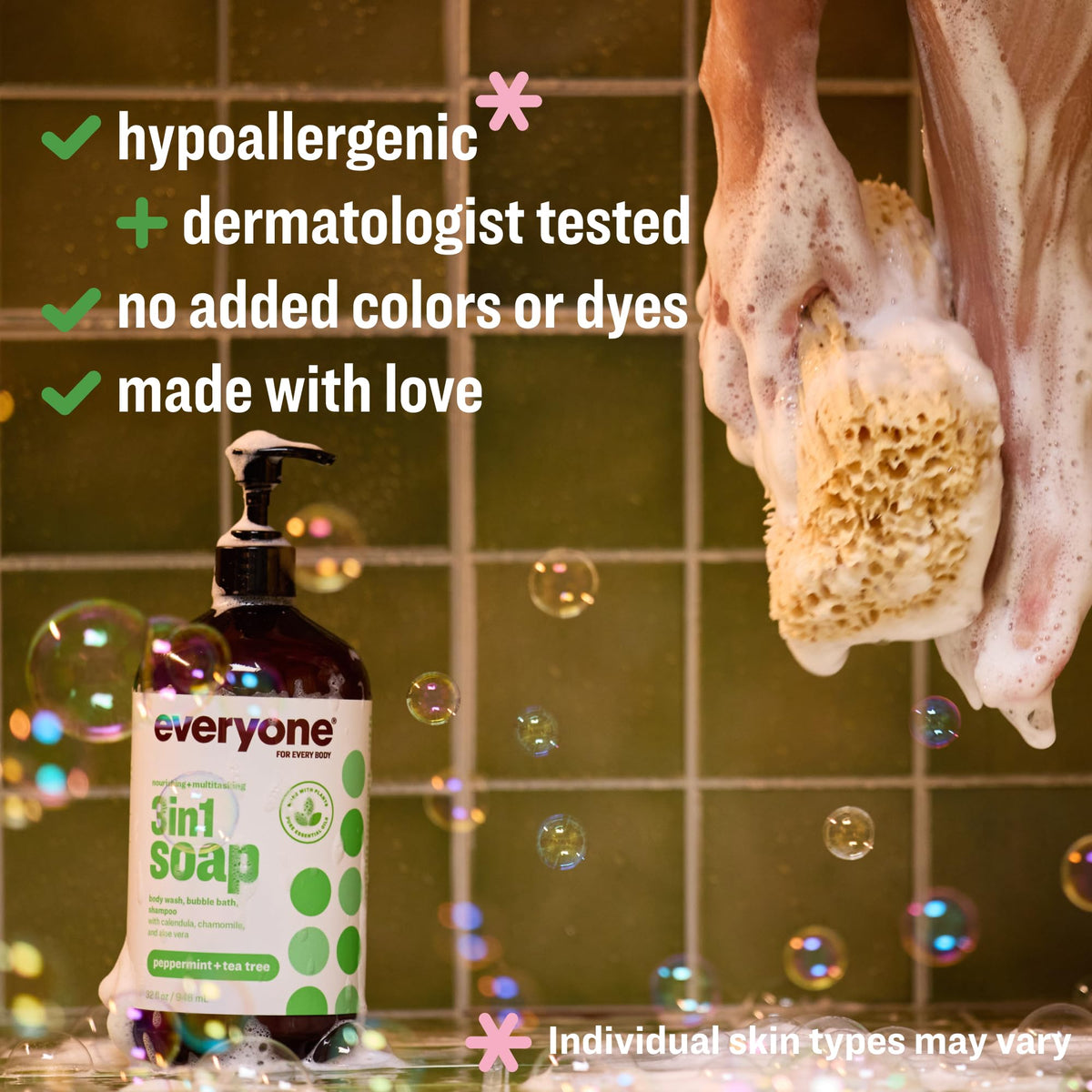 everyone bottle label closeup highlighting peppermint and tea tree benefit natural scent