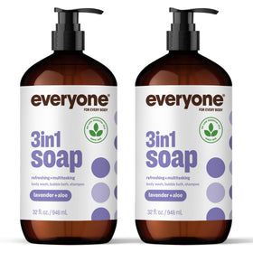 everyone for every body front label of 3-in-1 lavender and aloe soap showing scent and claims