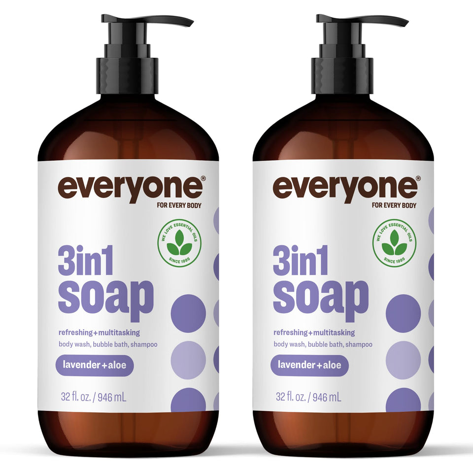 everyone for every body front label of 3-in-1 lavender and aloe soap showing scent and claims
