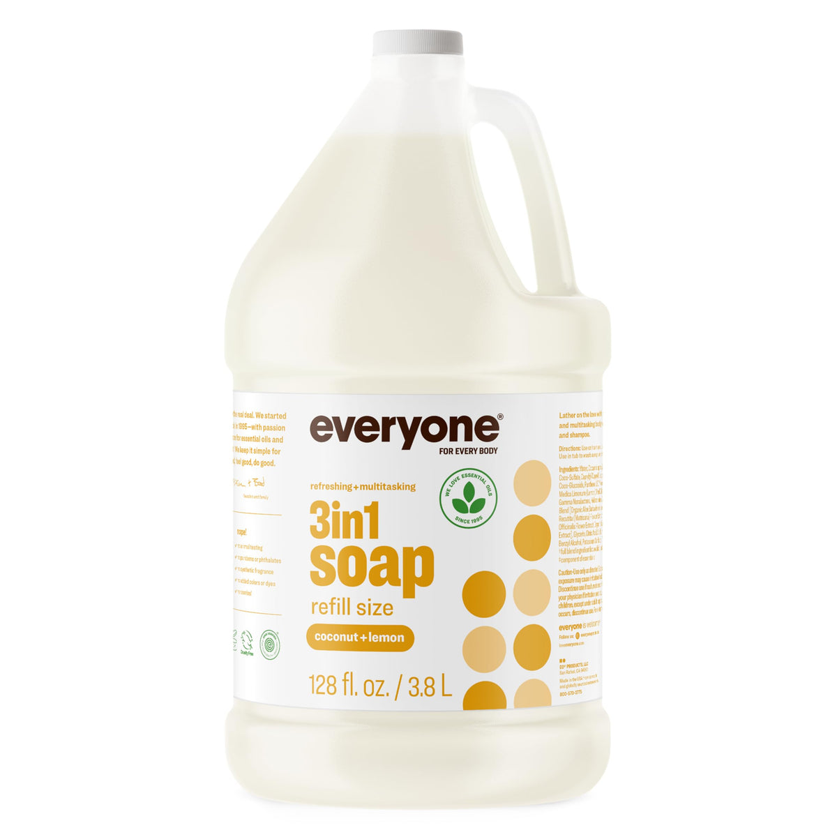 everyone brand gallon front label showing coconut and lemon scent and benefits