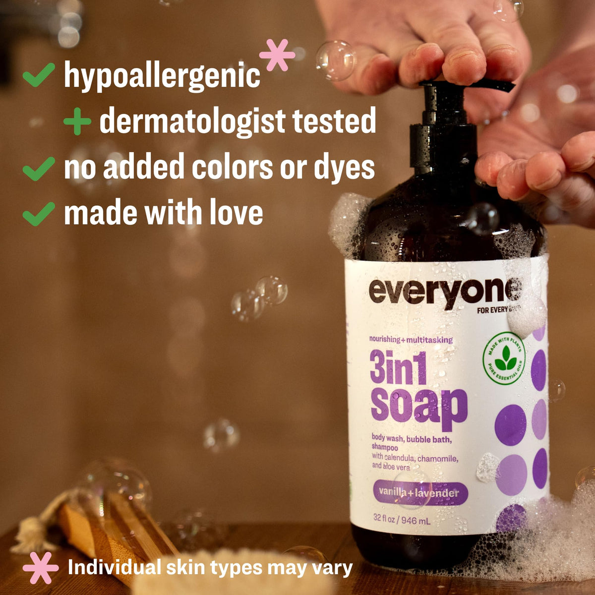 everyone pump and label detail highlighting ingredients and essential oils benefit
