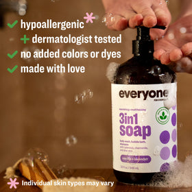 everyone pump and label detail highlighting ingredients and essential oils benefit