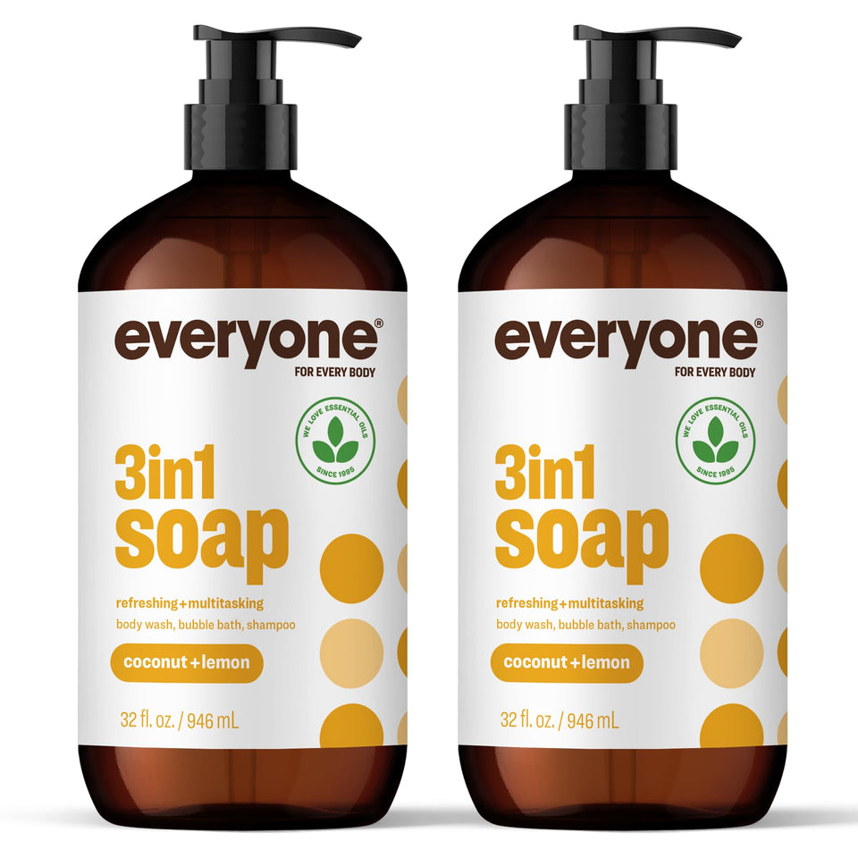 everyone front view of two 32 ounce bottles showcasing scent and recycled packaging benefit