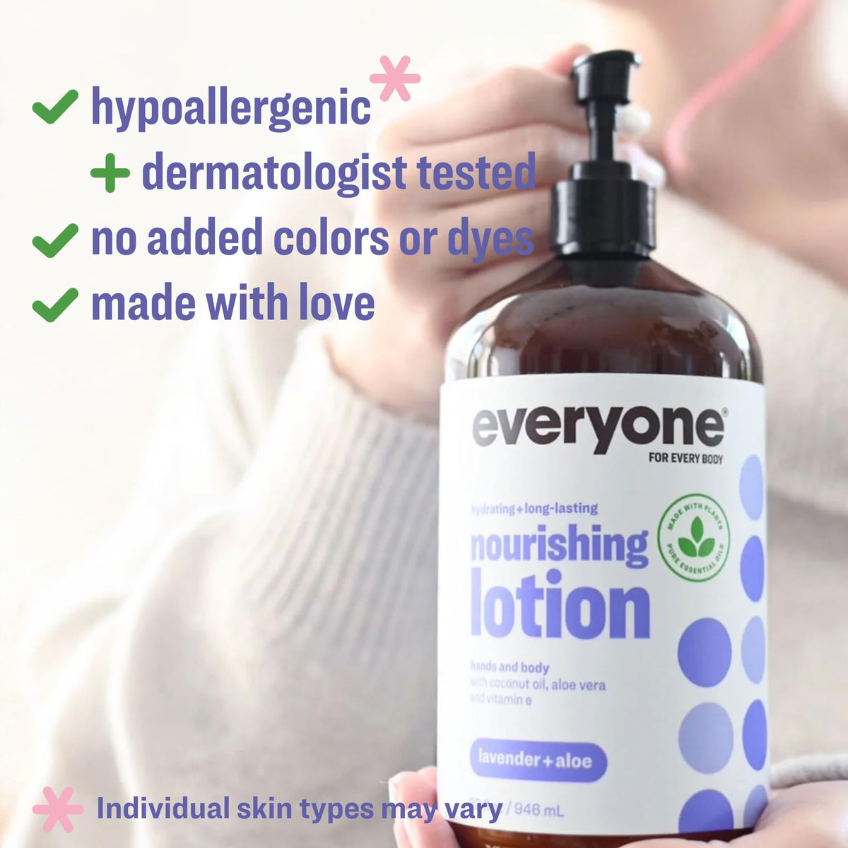 everyone lotion pump dispensing product closeup demonstrating easy, no-mess use