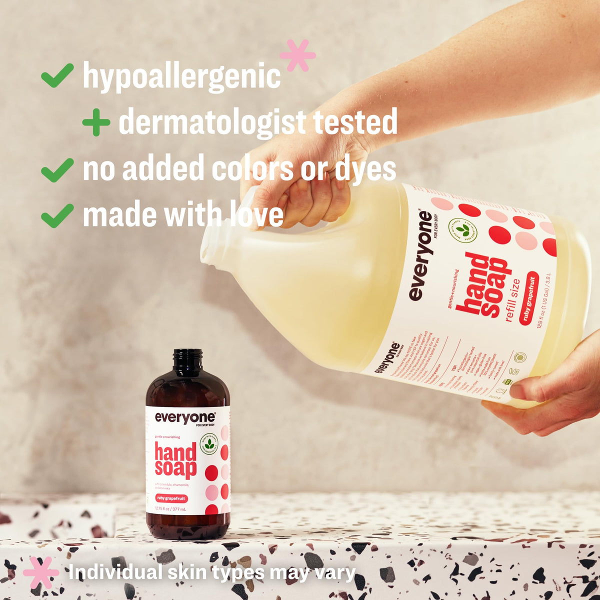 everyone ruby grapefruit soap foaming in hand demonstrating gentle lather