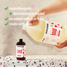 everyone ruby grapefruit soap foaming in hand demonstrating gentle lather