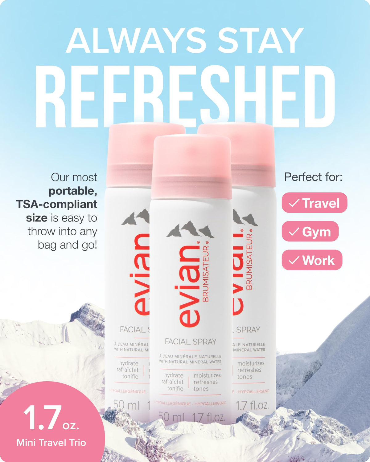 BRUMISATEUR Evian close-up nozzle releasing ultra-fine mist for fast skin refreshment