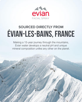 BRUMISATEUR evian in travel bag emphasizing on-the-go hydration and cooling relief