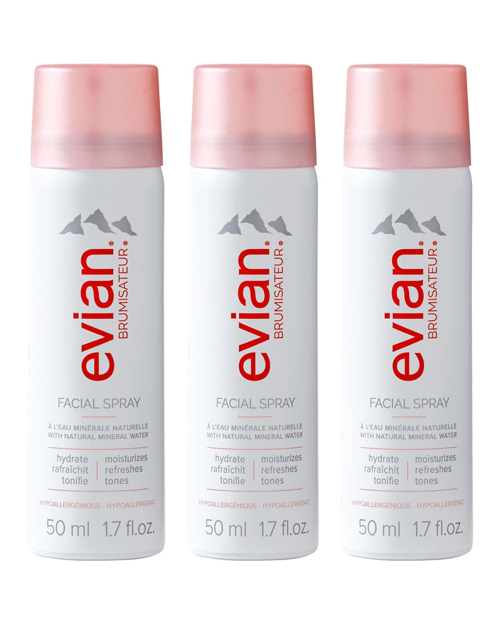 BRUMISATEUR Evian front packaging trio showing three travel cans for convenient hydration
