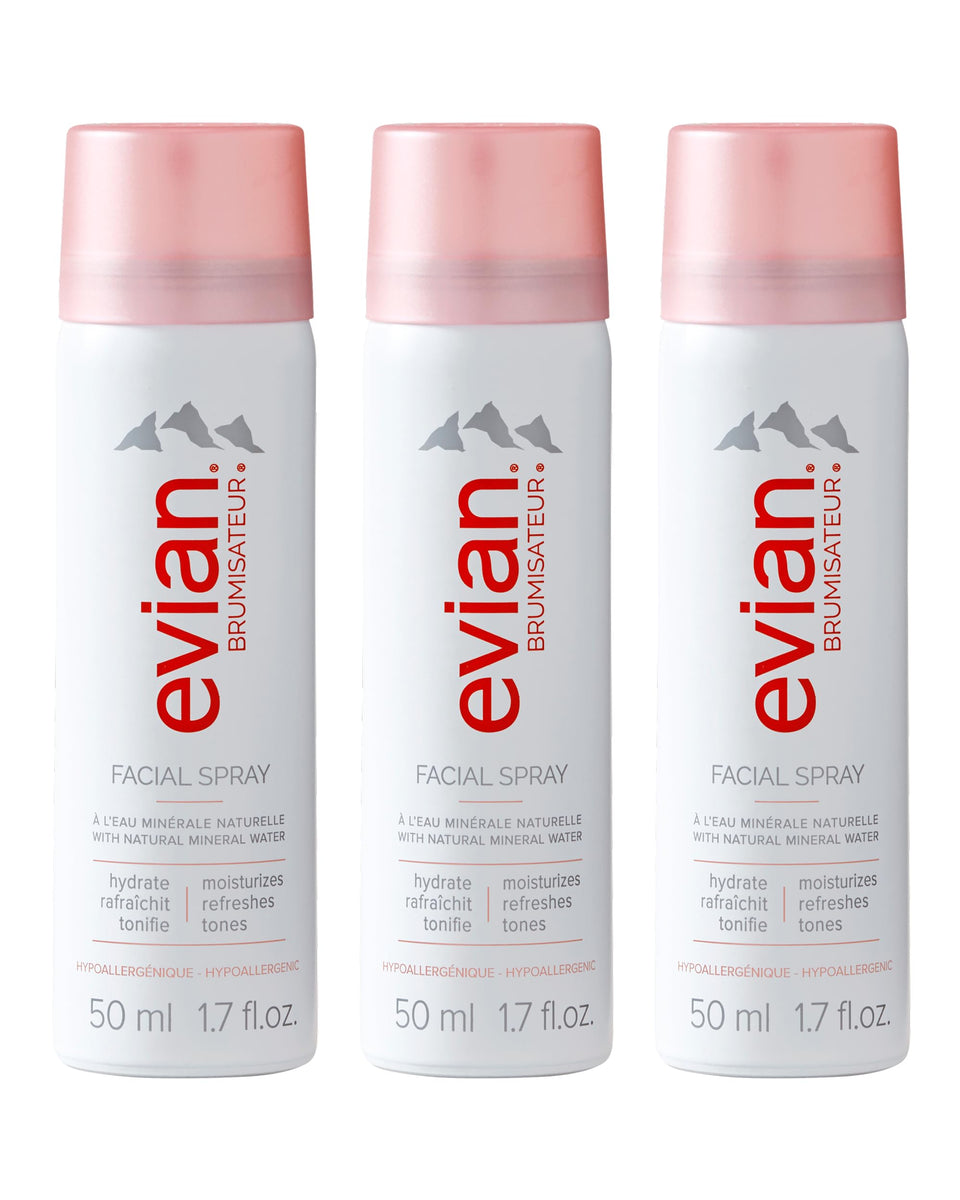 BRUMISATEUR Evian front packaging trio showing three travel cans for convenient hydration