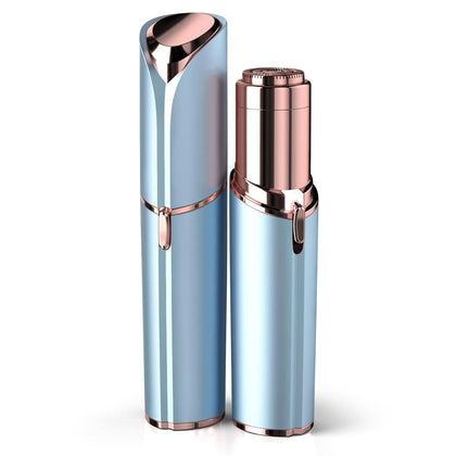 EVIEY front view of blue facial shaver showing compact design and portability