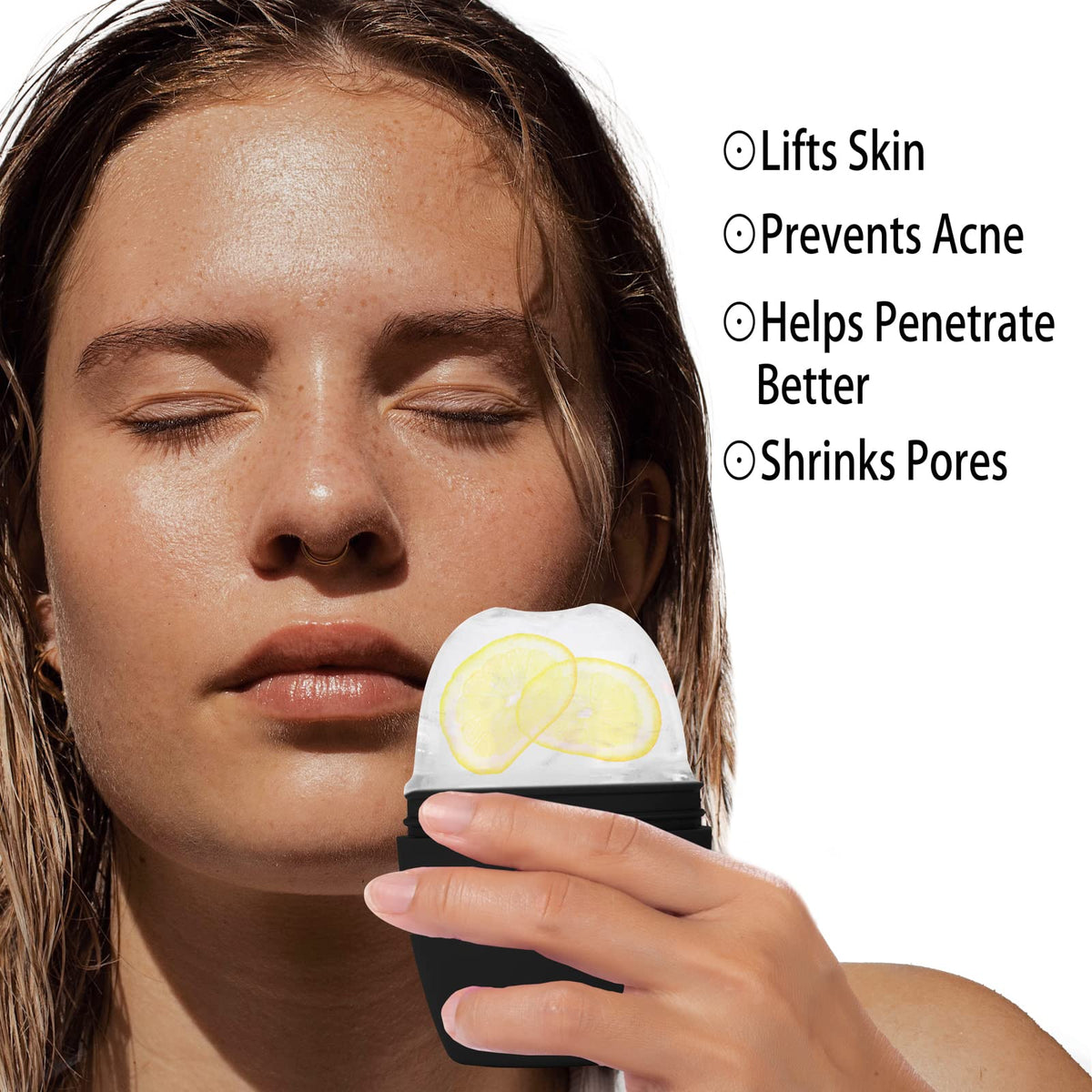 Evmliy ice roller applied along neck to soothe and improve skin feel