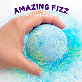 EvolutionUSA bath bomb fizzing in bathtub producing bright purple water and playful foam