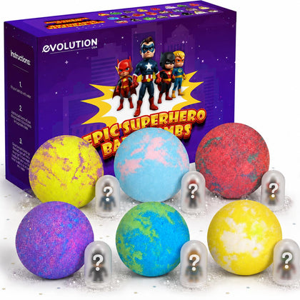 EvolutionUSA front packaging showing six purple superhero bath bombs and fun branding
