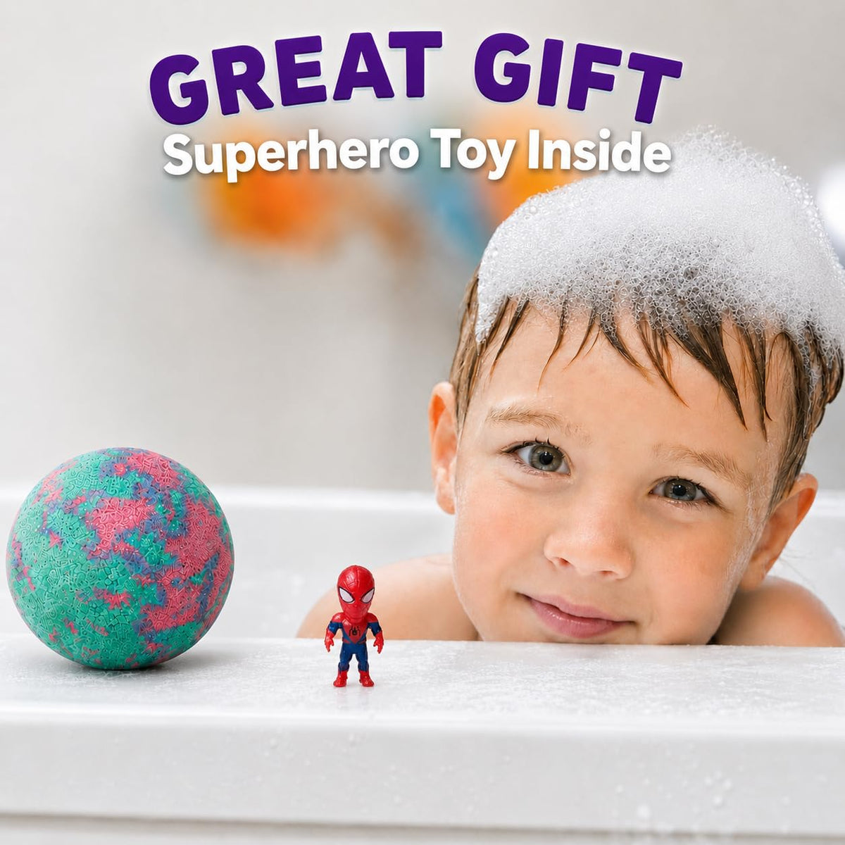 EvolutionUSA surprise superhero toy revealed from a dissolved bath bomb for post-bath play