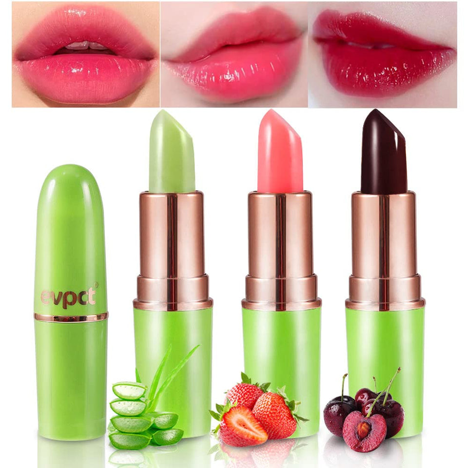 evpct front packaging showing three color-changing lipsticks, ideal gift presentation