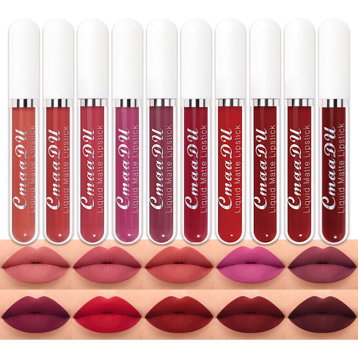 evpct front packaging showing ten matte lipstick tubes and gift-ready box, versatile colors