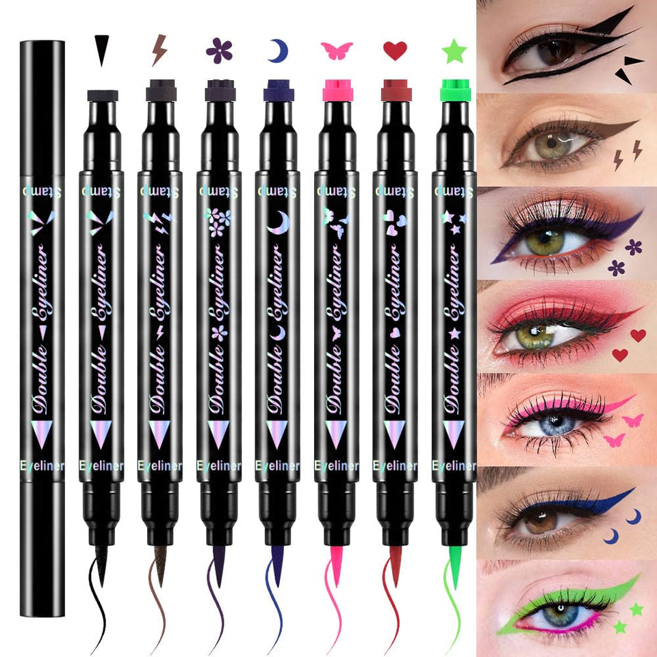 evpct front packaging showing seven colored stamp eyeliners for quick wings