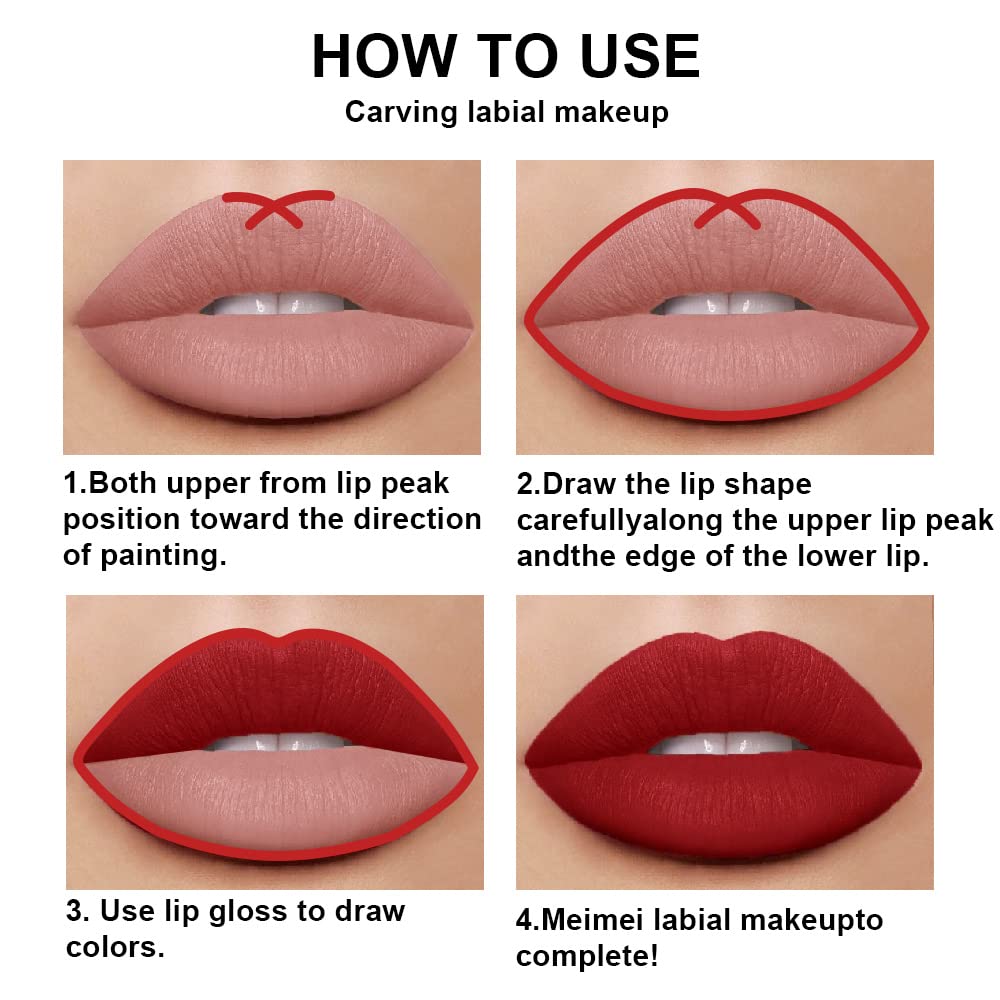 evpct on model lips wearing oxblood red offering polished, high‑pigment look benefit