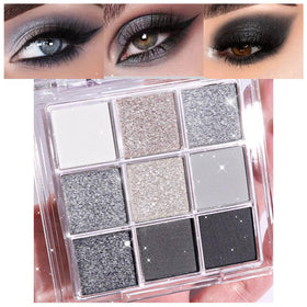 evpct palette front packaging showing nine silver and grey shades and shimmer benefits