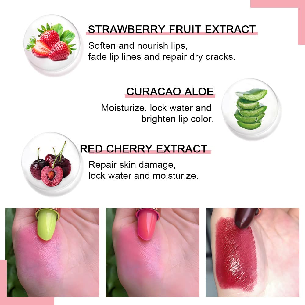 evpct three shades side-by-side illustrating aloe, strawberry, and red cherry benefits