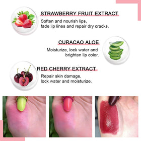 evpct three shades side-by-side illustrating aloe, strawberry, and red cherry benefits