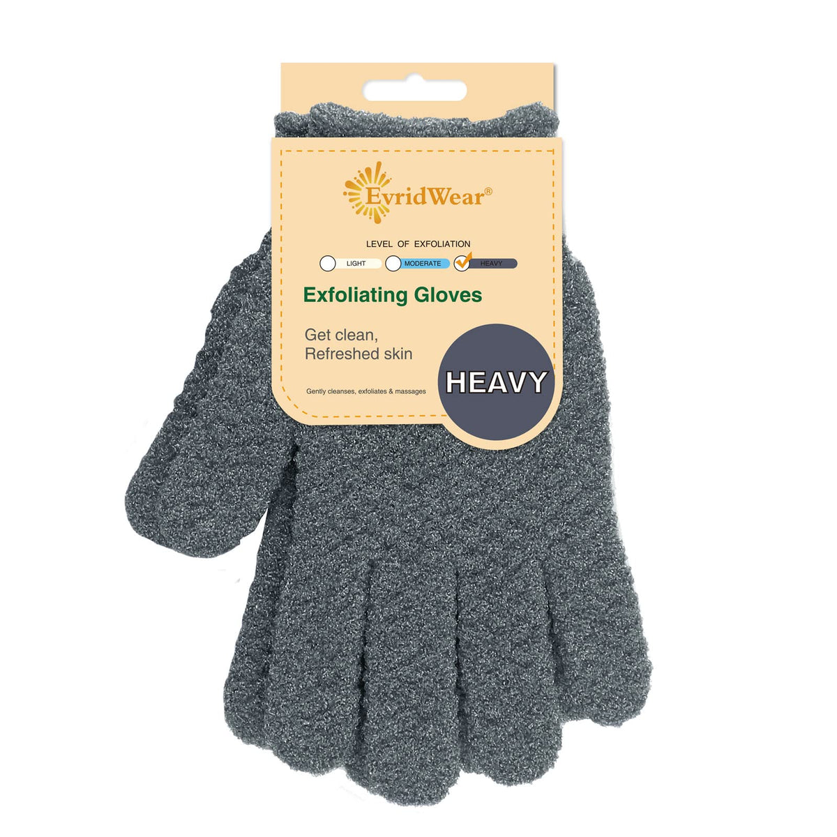 Evridwear front view of gray exfoliating gloves showing dual texture and pair benefit