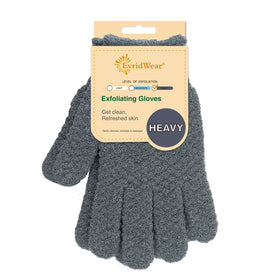 Evridwear front view of gray exfoliating gloves showing dual texture and pair benefit