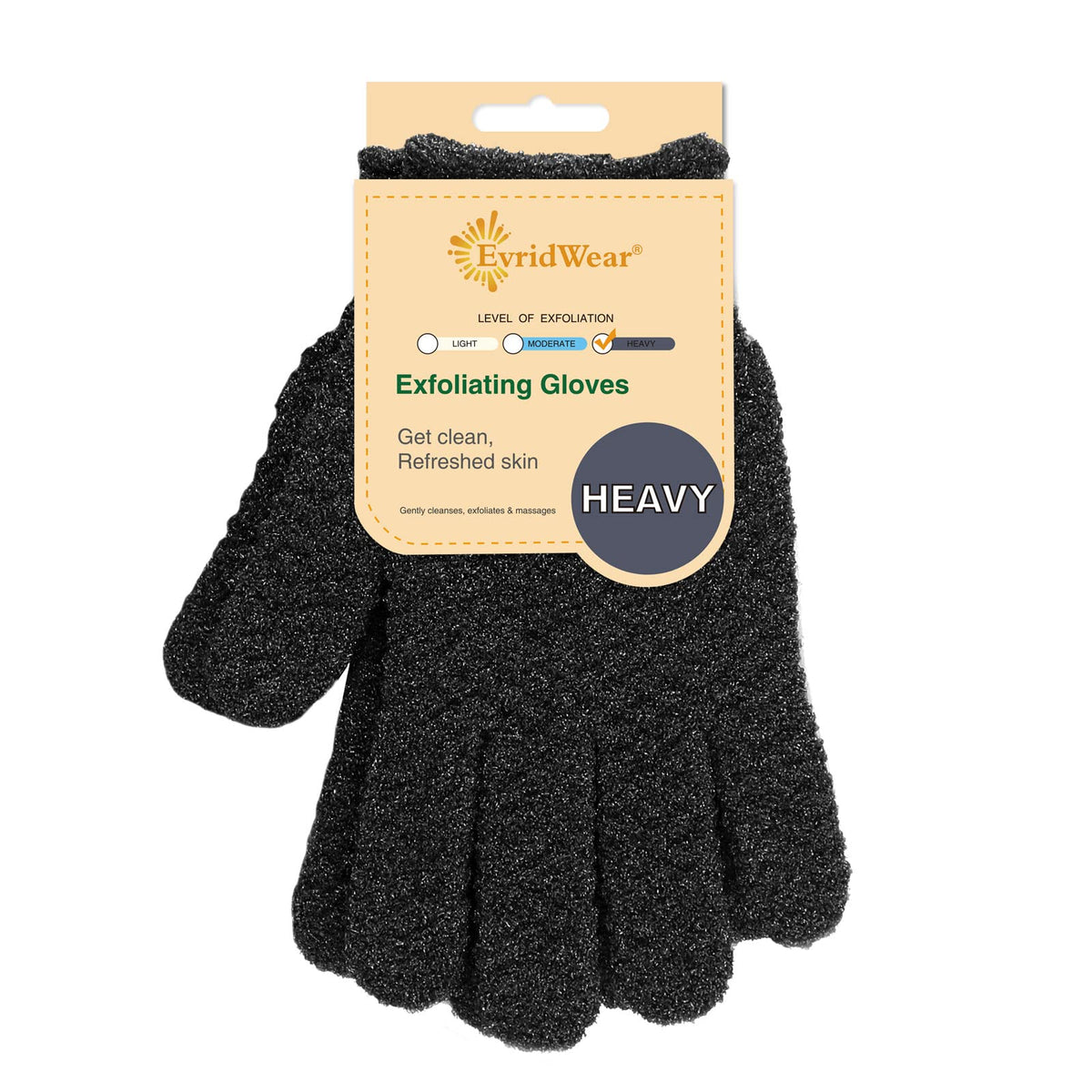 Evridwear front view of black exfoliating gloves showing packaging benefit of reusable care