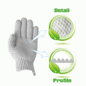 Evridwear gloves worn during shower demonstrating controlled exfoliation