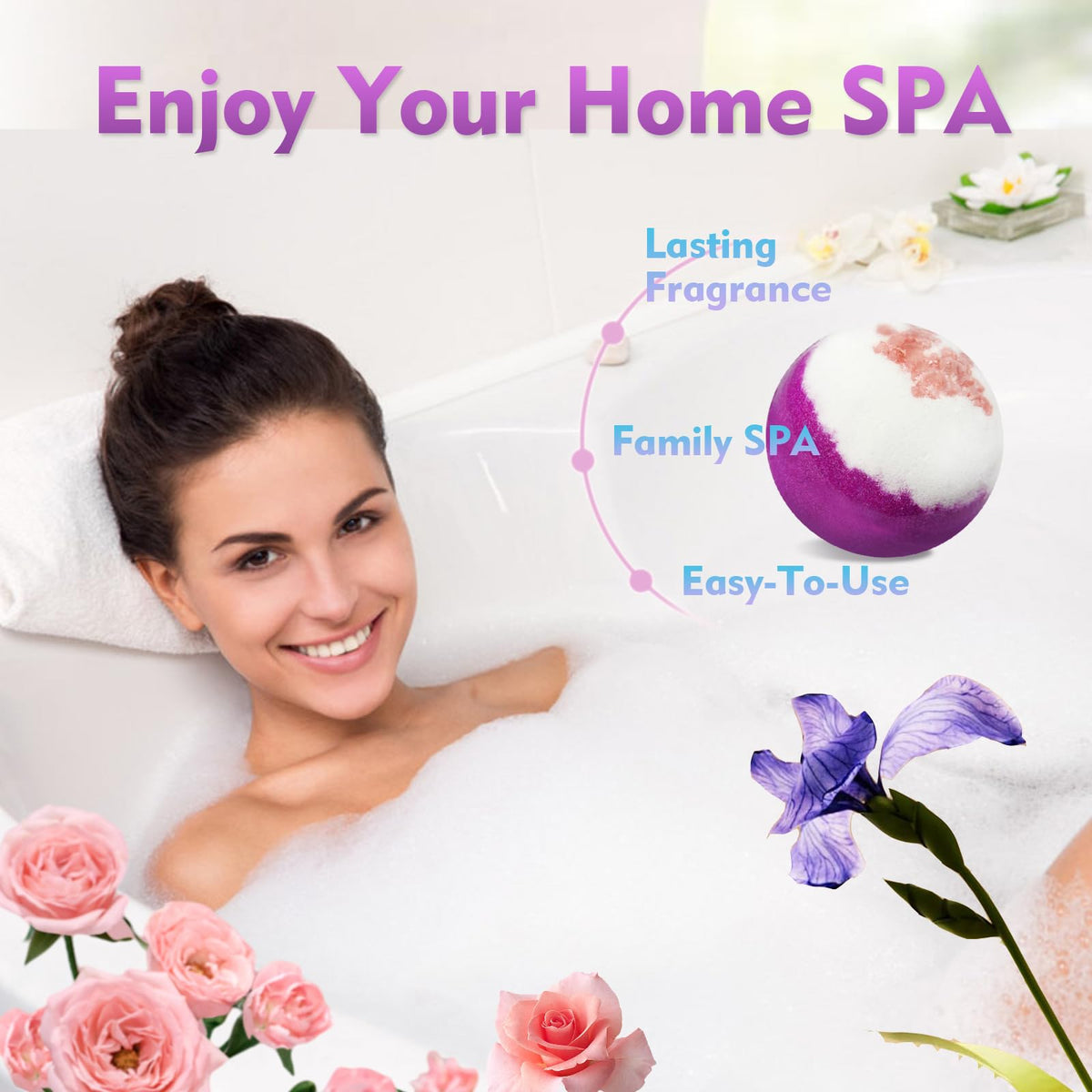 Excalla bath bomb fizzing in tub creating bubbles and colorful water benefit