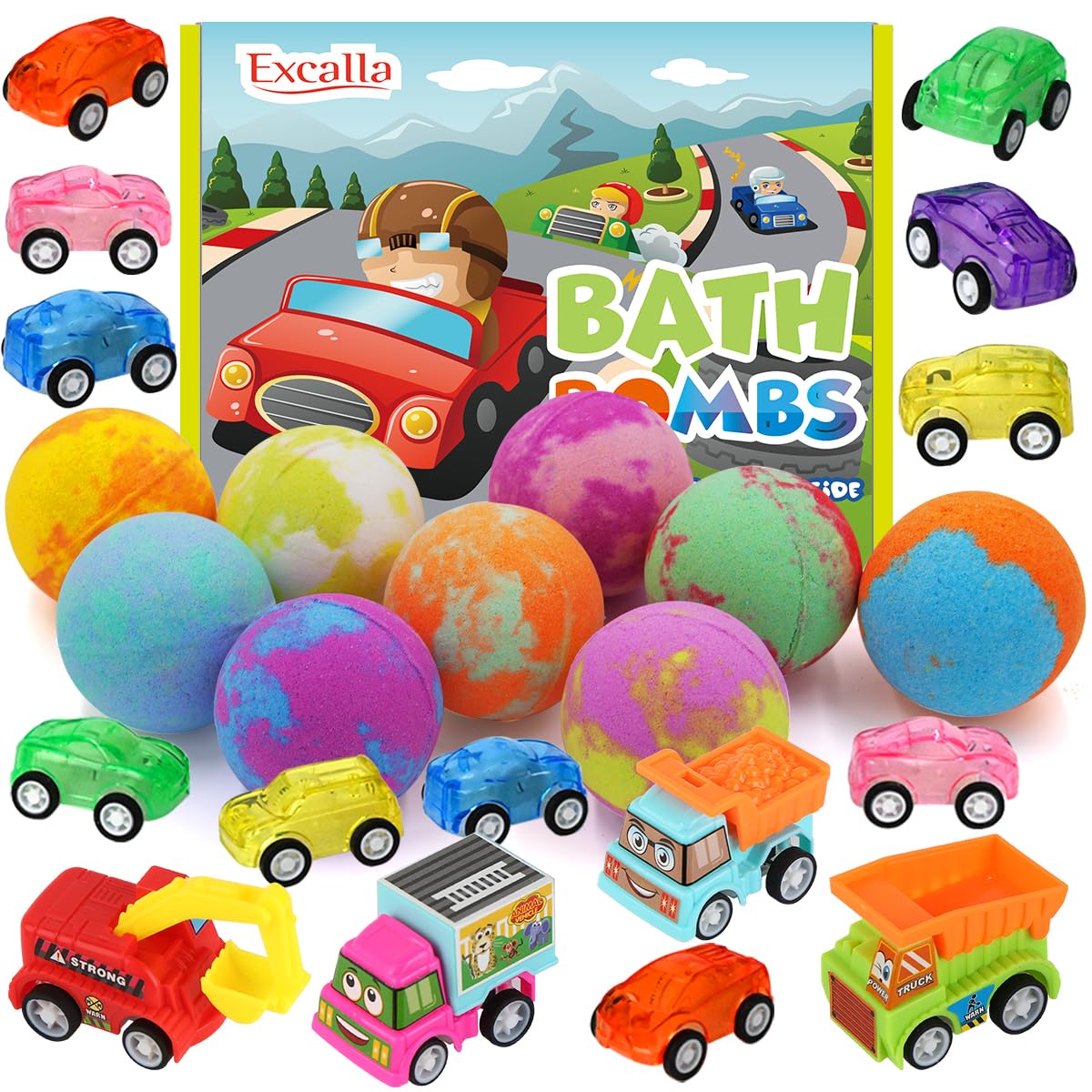Excalla front packaging showing 9 bath bombs and colorful box, great gift