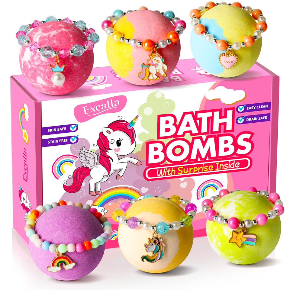 Excalla front packaging showing six colorful unicorn bath bombs and gift-ready box