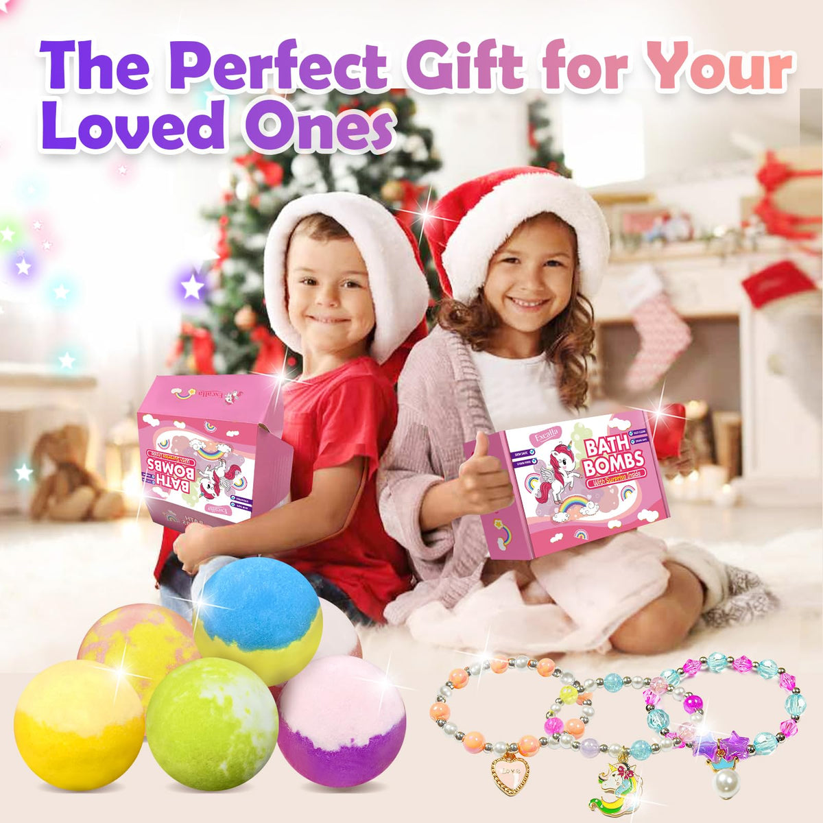 Excalla individually wrapped bath bombs with labels showing organized storage and freshness