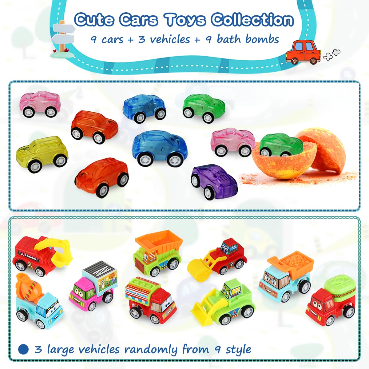 Excalla reveal of pull-back toy car floating after bomb dissolves, adds play